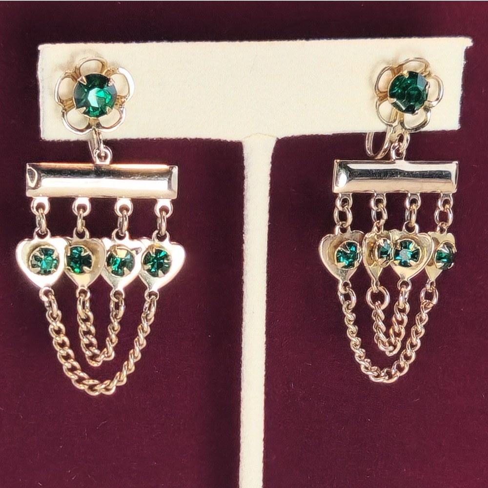 Vintage Green Rhinestone Heart Chandelier Screw Back Earrings Gold Tone
